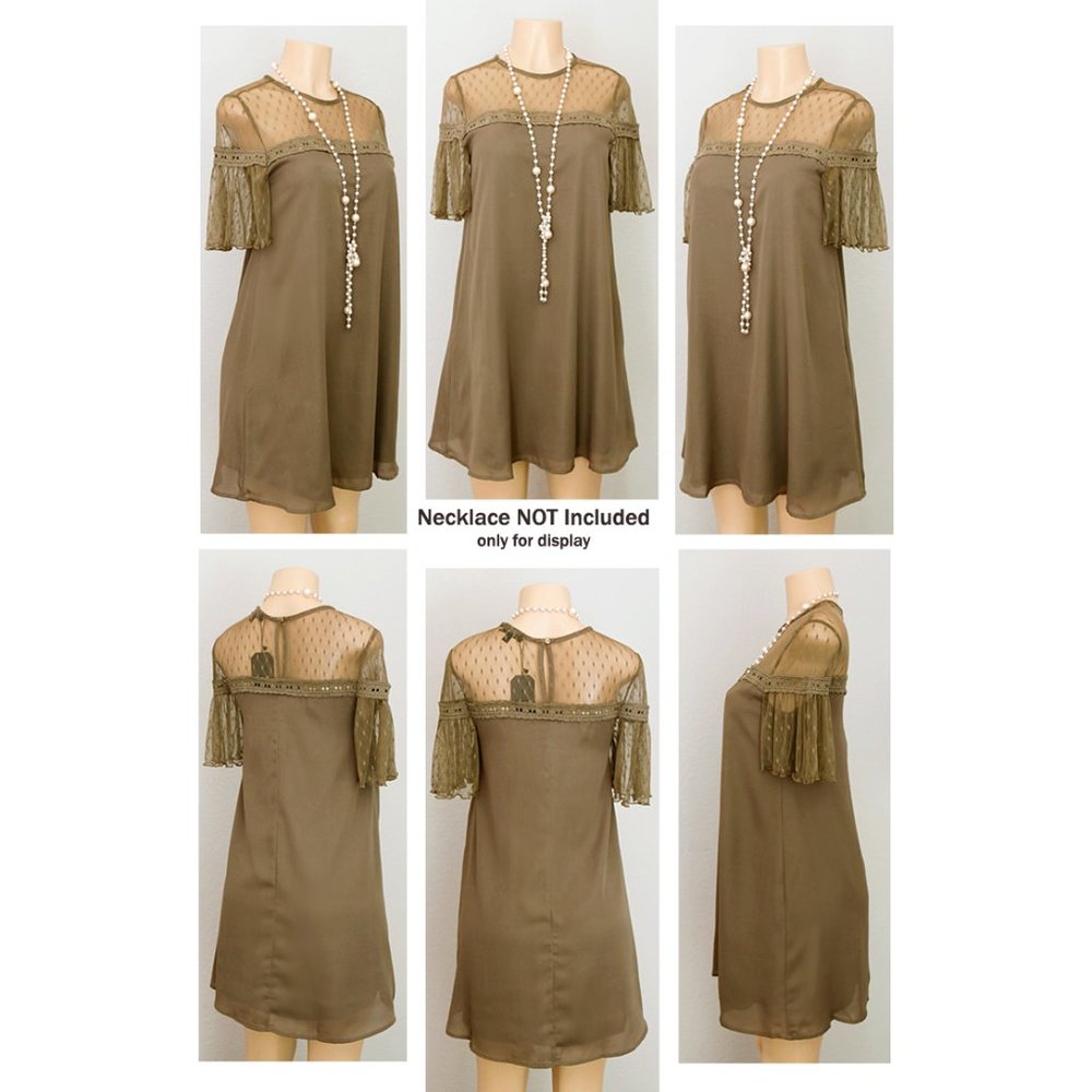 Olive Green Polka Dot Mesh Yoke Ruffle Shift Dress - Picture 7 of 8